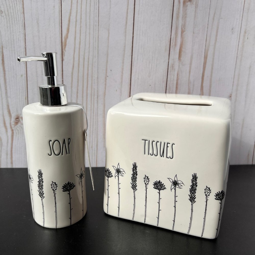 NWT Rae Dunn black and white flower bath set SOAP TISSUES ceramic by Magenta
